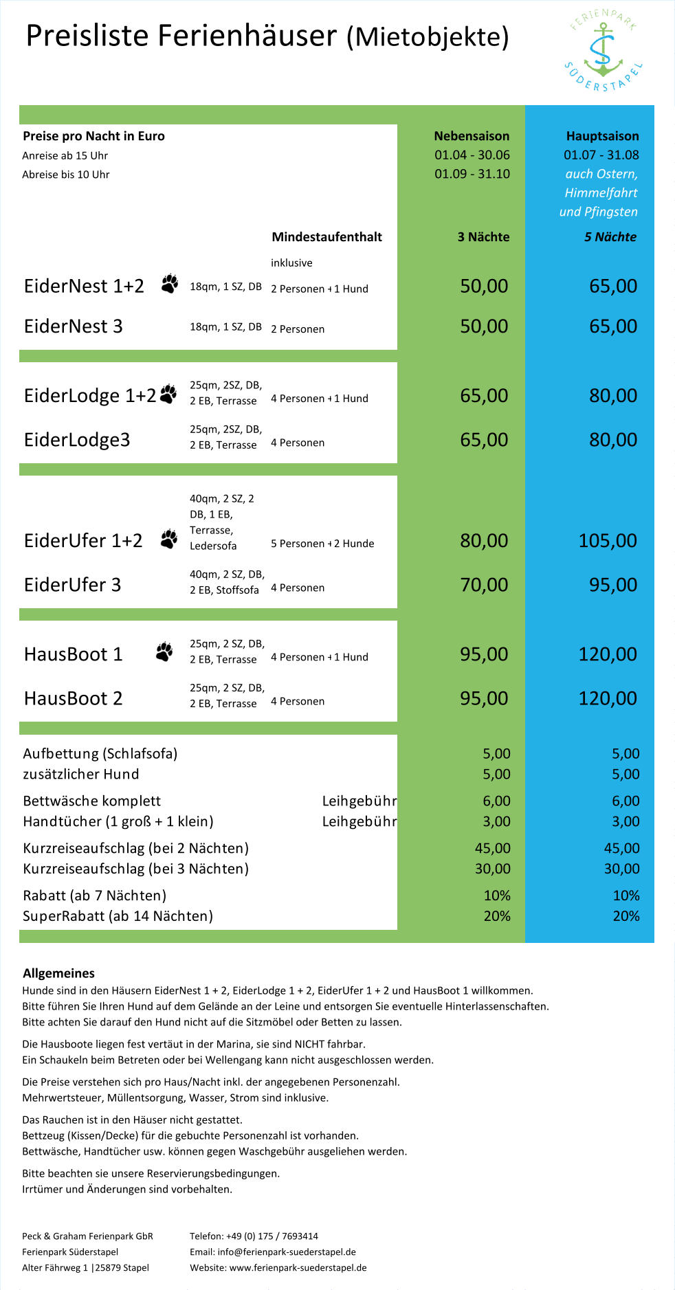 Preisliste Ferienhäuser  (Mietobjekte) Preise pro Nacht in Euro Nebensaison Hauptsaison Anreise ab 15 Uhr 01.04 - 30.06 01.07 - 31.08 Abreise bis 10 Uhr 01.09 - 31.10 auch Ostern, Himmelfahrt und Pfingsten Mindestaufenthalt 3 Nächte 5 Nächte EiderNest 1+2 18qm, 1 SZ, DB 2 Personen + 1 Hund 50,00 65,00 EiderNest 3 18qm, 1 SZ, DB 2 Personen 50,00 65,00 EiderLodge 1+2 25qm, 2SZ, DB,  2 EB, Terrasse 4 Personen + 1 Hund 65,00 80,00 EiderLodge3 25qm, 2SZ, DB,  2 EB, Terrasse 4 Personen 65,00 80,00 EiderUfer 1+2 40qm, 2 SZ, 2  DB, 1 EB,  Terrasse,  Ledersofa 5 Personen + 2 Hunde 80,00 105,00 EiderUfer 3 40qm, 2 SZ, DB,  2 EB, Stoffsofa 4 Personen 70,00 95,00 HausBoot 1 25qm, 2 SZ, DB,  2 EB, Terrasse 4 Personen + 1 Hund 95,00 120,00 HausBoot 2 25qm, 2 SZ, DB,  2 EB, Terrasse 4 Personen 95,00 120,00 Aufbettung (Schlafsofa)  5,00 5,00 zusätzlicher Hund 5,00 5,00 Bettwäsche komplett Leihgebühr 6,00 6,00 Handtücher (1 groß + 1 klein) Leihgebühr 3,00 3,00 Kurzreiseaufschlag (bei 2 Nächten) 45,00 45,00 Kurzreiseaufschlag (bei 3 Nächten) 30,00 30,00 Rabatt (ab 7 Nächten) 10% 10% SuperRabatt (ab 14 Nächten) 20% 20% Allgemeines Hunde sind in den Häusern EiderNest 1 + 2, EiderLodge 1 + 2, EiderUfer 1 + 2 und HausBoot 1 willkommen. Bitte führen Sie Ihren Hund auf dem Gelände an der Leine und entsorgen Sie eventuelle Hinterlassenschaften.  Bitte achten Sie darauf den Hund nicht auf die Sitzmöbel oder Betten zu lassen. Die Hausboote liegen fest vertäut in der Marina, sie sind NICHT fahrbar.  Ein Schaukeln beim Betreten oder bei Wellengang kann nicht ausgeschlossen werden. Die Preise verstehen sich pro Haus/Nacht inkl. der angegebenen Personenzahl. Mehrwertsteuer, Müllentsorgung, Wasser, Strom sind inklusive. Das Rauchen ist in den Häuser nicht gestattet. Bettzeug (Kissen/Decke) für die gebuchte Personenzahl ist vorhanden. Bettwäsche, Handtücher usw. können gegen Waschgebühr ausgeliehen werden. Bitte beachten sie unsere Reservierungsbedingungen.  Irrtümer und Änderungen sind vorbehalten. Peck & Graham Ferienpark GbR  Telefon: +49 (0) 175 / 7693414 Ferienpark Süderstapel Email: info@ferienpark-suederstapel.de  Alter Fährweg 1 |25879 Stapel  Website: www.ferienpark-suederstapel.de inklusive
